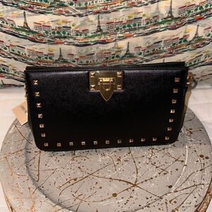 Hanna Grace Black Gold Hardware Studded Chain Strap Small Crossbody Purse